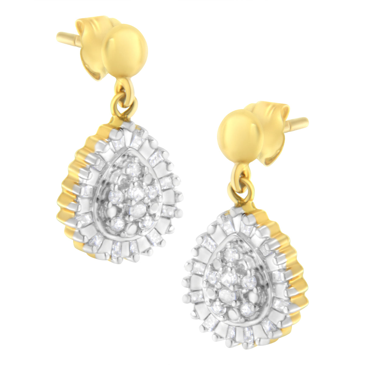 Diamond Cluster Drop and Dangle Stud Earrings - 10K Yellow Gold 1/4 CTW Round and Baguette-Cut