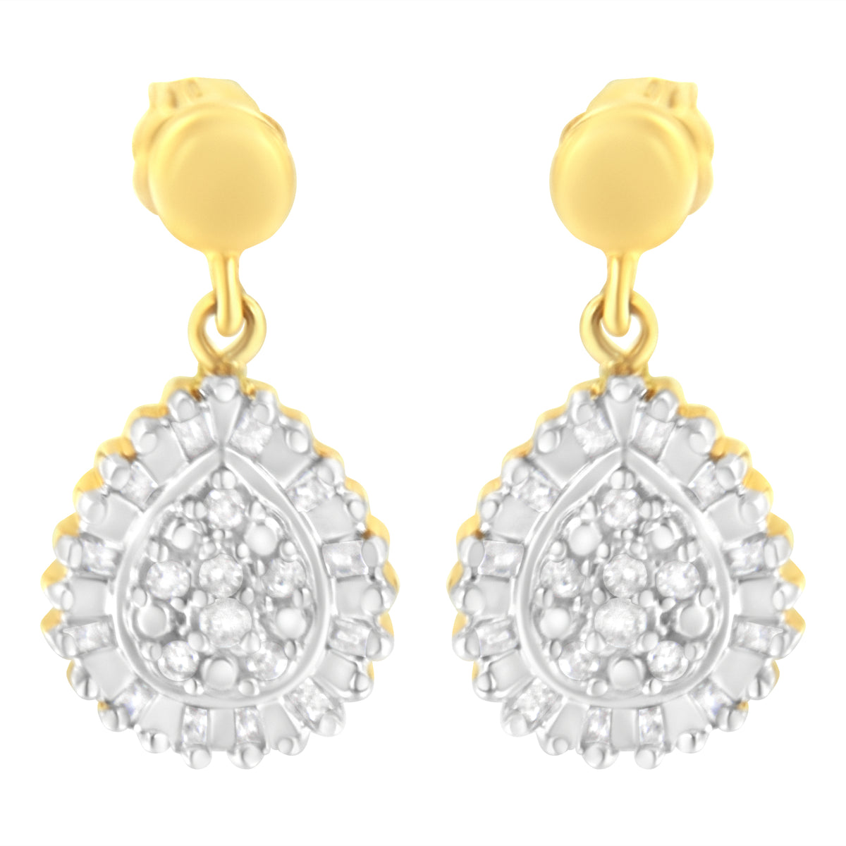 Diamond Cluster Drop and Dangle Stud Earrings - 10K Yellow Gold 1/4 CTW Round and Baguette-Cut