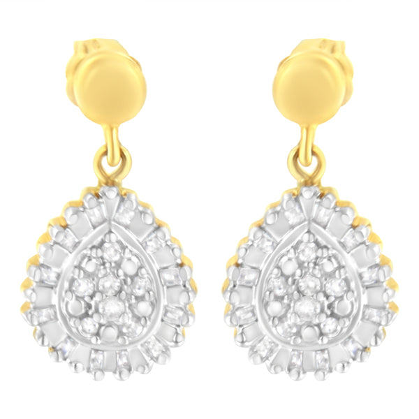 Diamond Cluster Drop and Dangle Stud Earrings - 10K Yellow Gold 1/4 CTW Round and Baguette-Cut