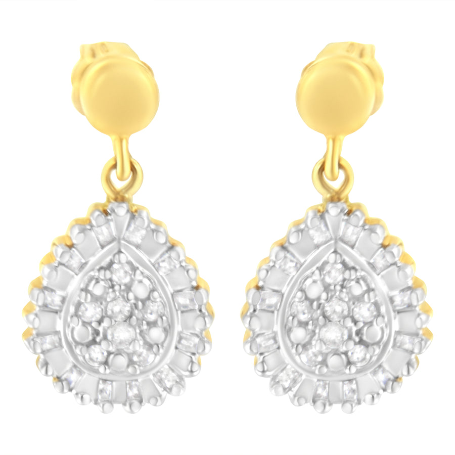 Diamond Cluster Drop and Dangle Stud Earrings - 10K Yellow Gold 1/4 CTW Round and Baguette-Cut