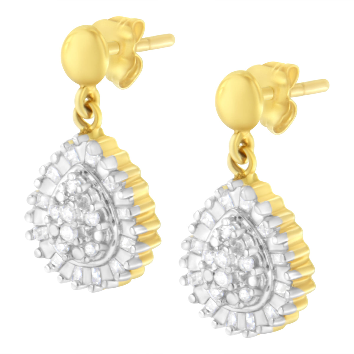 Diamond Cluster Drop and Dangle Stud Earrings - 10K Yellow Gold 1/4 CTW Round and Baguette-Cut