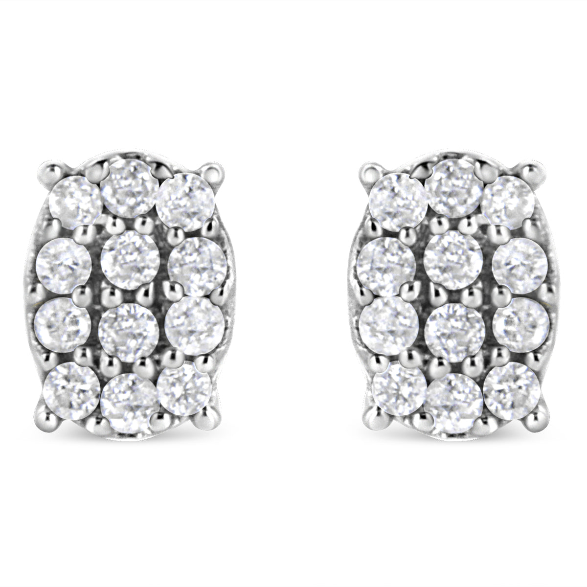 White Diamond Oval Cluster Stud Earrings - Sterling Silver 1/4 CTW Round Cut Natural Diamonds