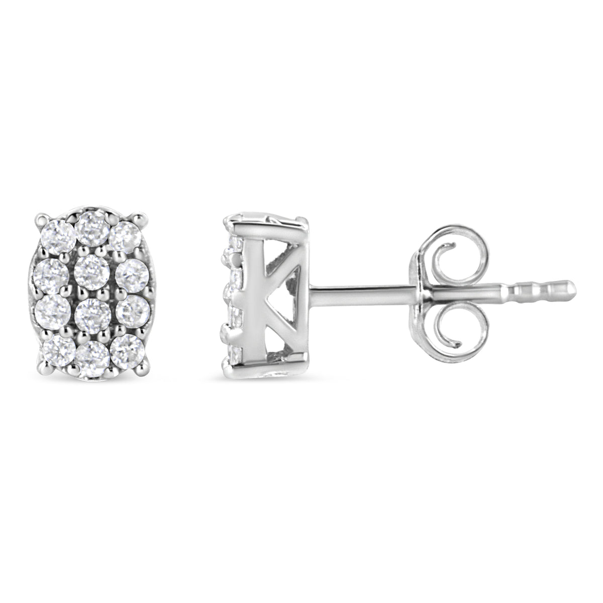White Diamond Oval Cluster Stud Earrings - Sterling Silver 1/4 CTW Round Cut Natural Diamonds