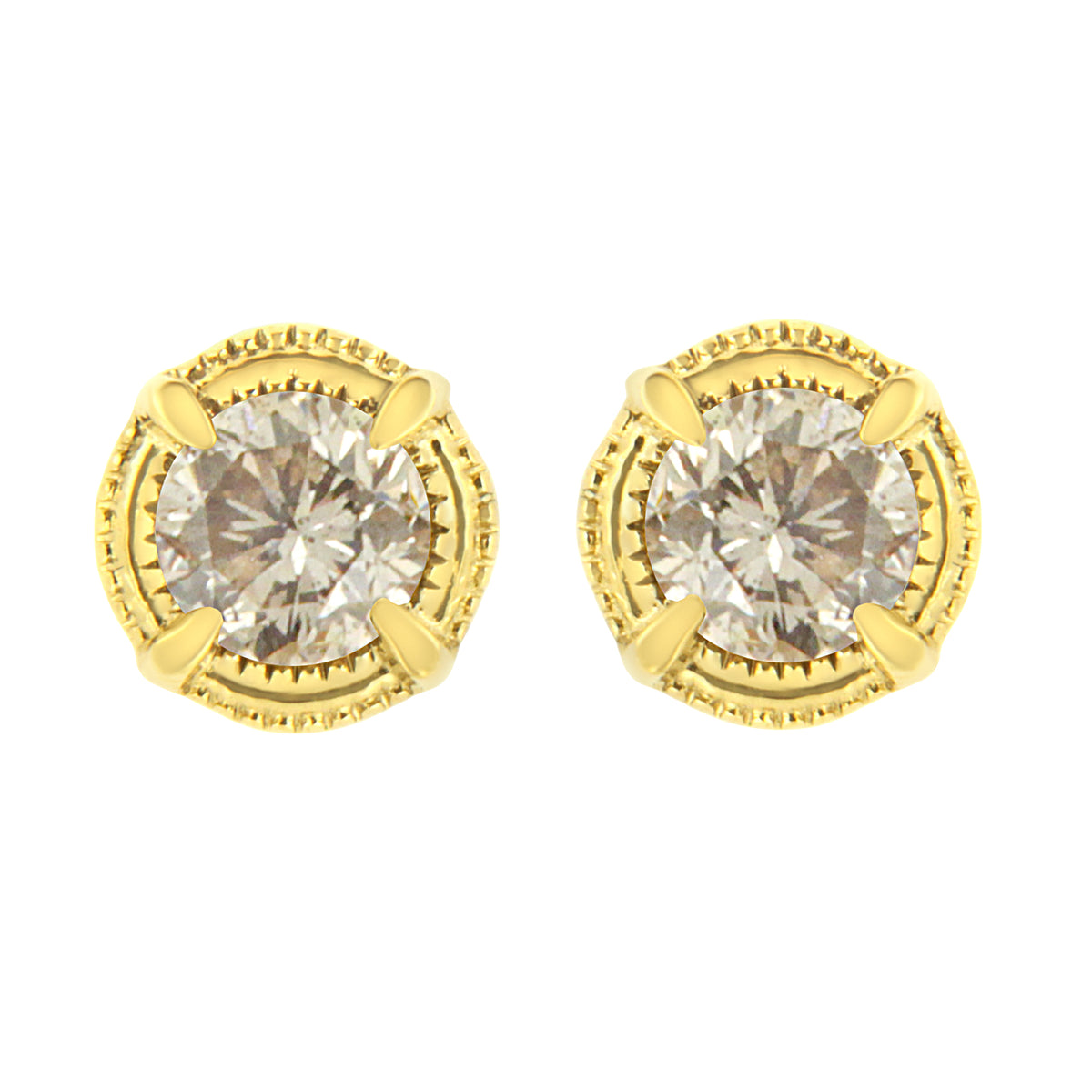 Champagne Diamond Solitaire Stud Earrings - 14K Yellow Gold Plated 1/4 CTW Round Brilliant Cut Natural Diamonds