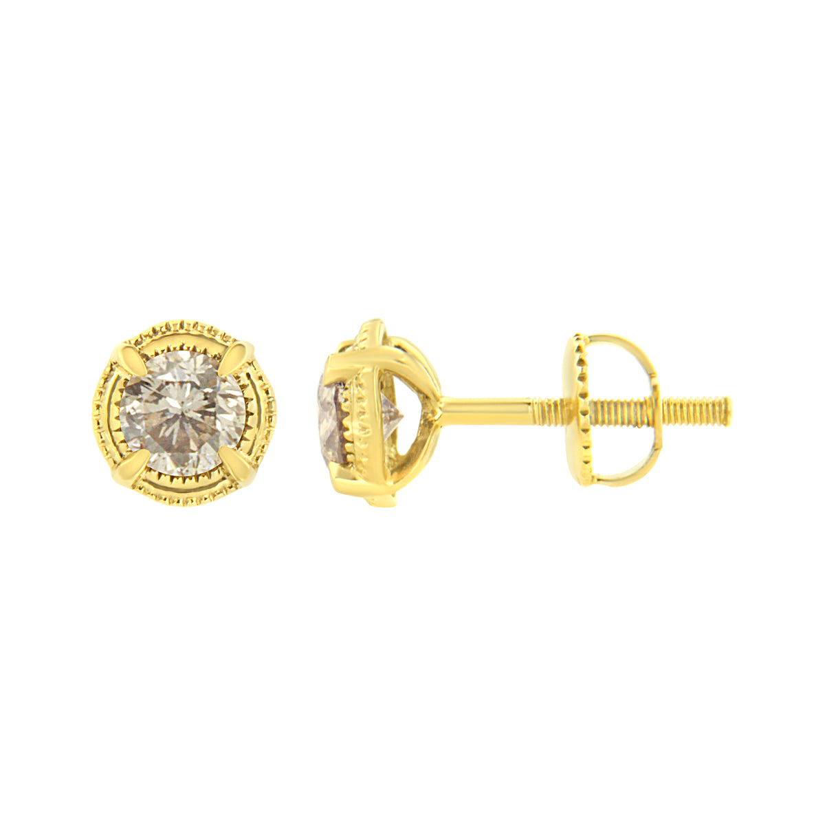 Champagne Diamond Solitaire Stud Earrings - 14K Yellow Gold Plated 1/4 CTW Round Brilliant Cut Natural Diamonds