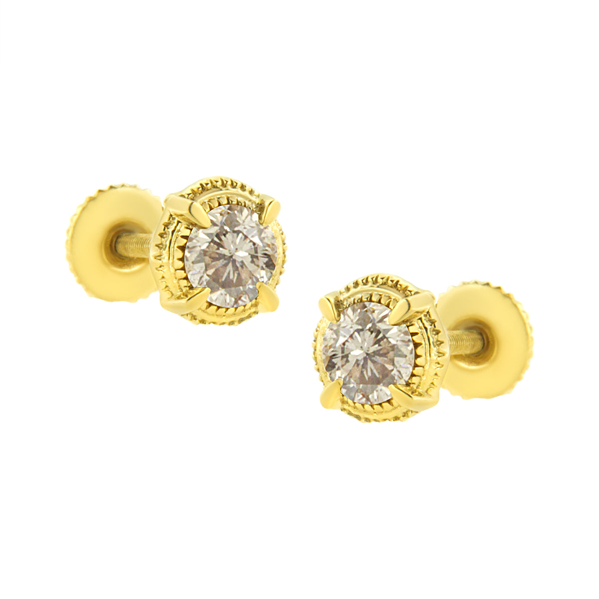 Champagne Diamond Solitaire Stud Earrings - 14K Yellow Gold Plated 1/4 CTW Round Brilliant Cut Natural Diamonds