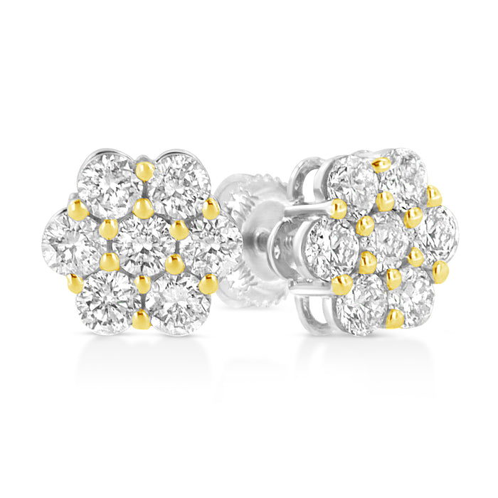 Diamond Flower Stud Earrings Round Cut 14KT Gold