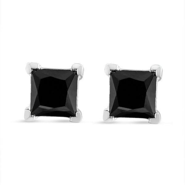 Black Diamond 4-Prong Classic Stud Earrings - Sterling Silver 1.00 CTW  Princess-Cut Natural Black Diamond