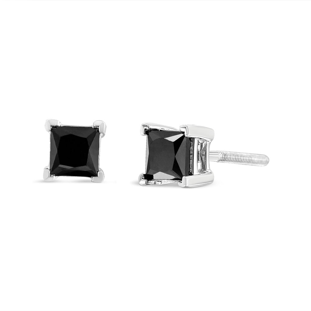 Black Diamond 4-Prong Classic Stud Earrings - Sterling Silver 1.00 CTW  Princess-Cut Natural Black Diamond