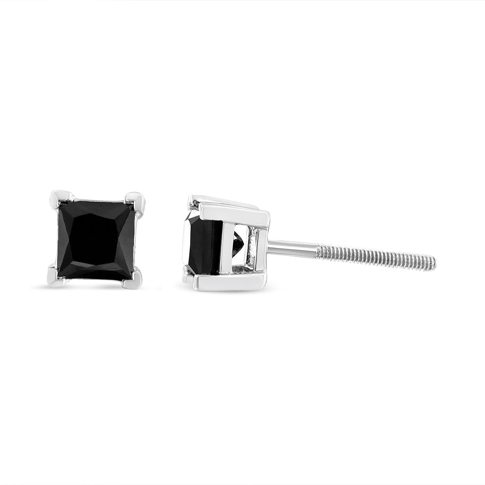 Black Diamond 4-Prong Classic Stud Earrings - Sterling Silver 1.00 CTW  Princess-Cut Natural Black Diamond