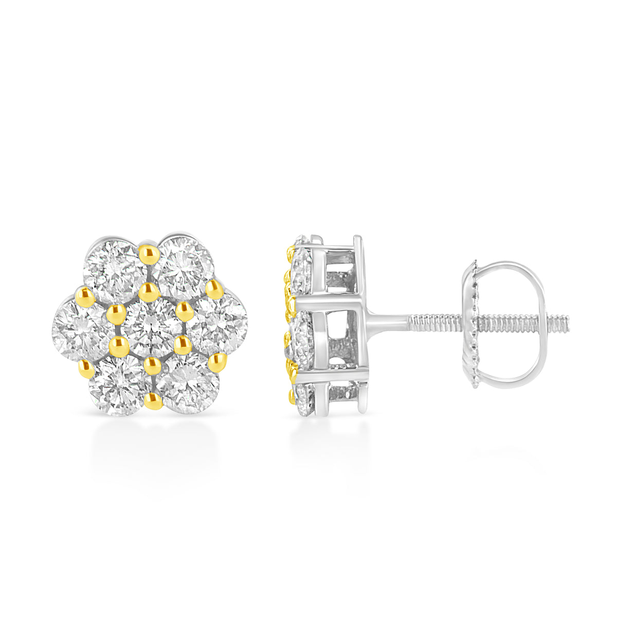 White Diamond Floral Cluster Stud Earrings - 14k Yellow Gold Plated 1/4 CTW Round Brilliant Cut Natural Diamonds